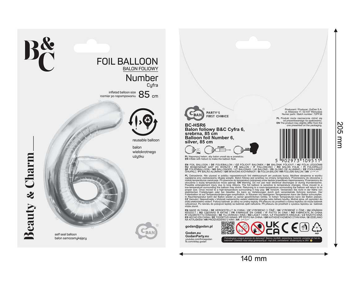 Foil balloon B&C Number 6, silver, 85 cm